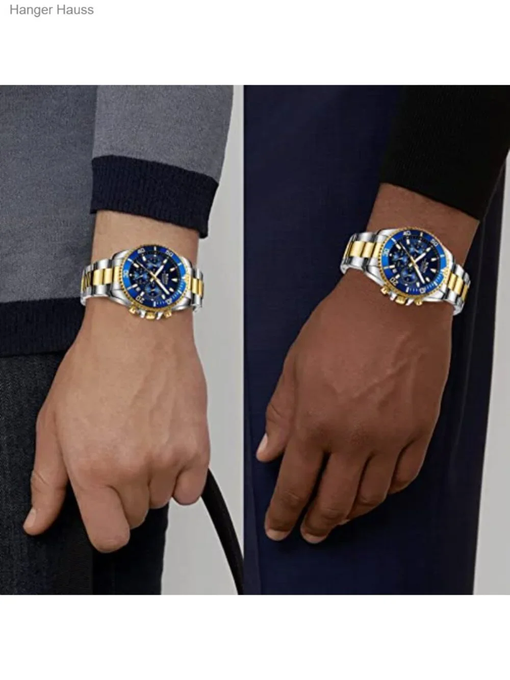 Men's Chronograph Watch Stainless Steel Gold Blue Waterproof Analog Quartz